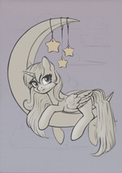 Size: 843x1200 | Tagged: safe, artist:maytee, derpibooru import, princess luna, alicorn, pony, commission, crescent moon, female, limited palette, looking at you, lying down, mare, moon, prone, solo, stars, tangible heavenly object, ych sketch, your character here