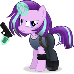 Size: 4191x4190 | Tagged: safe, artist:anime-equestria, derpibooru import, starlight glimmer, pony, unicorn, absurd resolution, alternate hairstyle, armband, boots, clothes, female, glock, gun, handgun, horn, jewelry, jill valentine, levitation, magic, mare, necklace, pistol, resident evil, resident evil 3 remake, shoes, simple background, solo, telekinesis, transparent background, vector, weapon