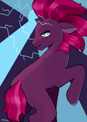 Size: 1500x2100 | Tagged: safe, artist:peachybats, derpibooru import, tempest shadow, pony, unicorn, g4, broken horn, electricity, female, horn, lidded eyes, magic, mare, rear view, rearing, smiling, solo, tail