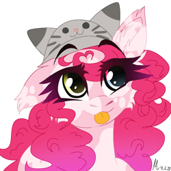 Size: 1280x1280 | Tagged: safe, artist:moodipone, derpibooru import, pinkie pie, pony, :p, alternate design, chest fluff, colored, cute, diapinkes, ear fluff, ears, eyebrows, flat colors, gradient mane, hat, heterochromia, solo, tongue, tongue out