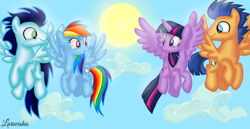 Size: 1980x1020 | Tagged: safe, artist:mlplary6, derpibooru import, flash sentry, rainbow dash, soarin', twilight sparkle, twilight sparkle (alicorn), alicorn, pegasus, pony, cloud, date, double date, female, flashlight, flying, friends, looking at each other, looking at someone, male, mare, shipping, sky, smiling, smiling at each other, soarindash, stallion, straight, sun