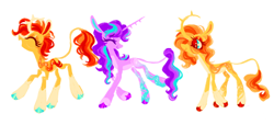 Size: 1280x585 | Tagged: safe, artist:webkinzworldz, derpibooru import, starlight glimmer, sunburst, sunset shimmer, pony, unicorn, alternate design, blaze (coat marking), coat markings, colored hooves, curved horn, eyes closed, eyeshadow, facial markings, hoof polish, horn, leonine tail, makeup, open mouth, pale belly, redesign, simple background, smiling, socks (coat marking), spiked horn, tail, trio, white background