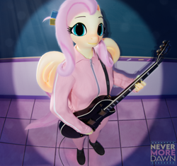 Size: 2300x2160 | Tagged: safe, artist:hellnomoon, derpibooru import, fluttershy, anthro, pegasus, plantigrade anthro, 3d, blender, blender cycles, bocchi the rock!, chalk, chalkboard, clothes, cosplay, costume, female, guitar, hitori gotoh, looking at you, musical instrument, nexgen, playing guitar, school, solo, spotlight, tracksuit, wings