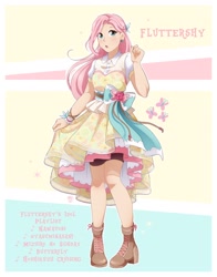 Size: 1606x2048 | Tagged: safe, artist:applesartt, derpibooru import, fluttershy, human, blushing, clothes, dress, eye clipping through hair, eyebrows, eyebrows visible through hair, female, humanized, idol, open mouth, solo