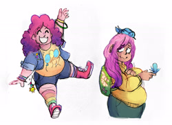 Size: 2975x2164 | Tagged: safe, artist:punkittdev, derpibooru import, fluttershy, pinkie pie, bird, human, backpack, bbw, chubby, clothes, duo, fat, fattershy, grin, humanized, light skin, looking at you, looking up, obese, pale skin, piggy pie, pudgy pie, rainbow socks, simple background, smiling, smiling at you, sneaker boots, socks, striped socks, sweater, sweatershy, waving, waving at you, white background