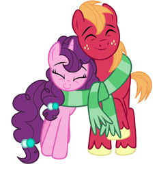 Size: 1212x1298 | Tagged: safe, derpibooru import, big macintosh, sugar belle, earth pony, pony, unicorn, clothes, eyes closed, female, happy, male, mare, scarf, shared clothing, shared scarf, shipping, simple background, smiling, snuggling, stallion, straight, sugarmac, transparent background