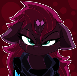 Size: 926x913 | Tagged: safe, artist:malachimoet, derpibooru import, tempest shadow, unicorn, alternate hairstyle, blushing, broken horn, ears, floppy ears, horn, looking at you, solo, tsundere, tsundere shadow