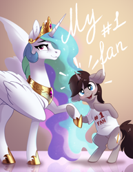 Size: 1992x2583 | Tagged: safe, artist:28gooddays, derpibooru import, princess celestia, oc, oc:greyline, alicorn, pony, unicorn, clothes, commission, duo, holding hooves, open mouth, open smile, shirt, smiling, t-shirt, ych result