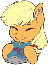 Size: 1518x2057 | Tagged: safe, artist:taytinabelle, derpibooru exclusive, derpibooru import, applejack, earth pony, pony, bust, capri sun, capri-sun, cute, drink, drinking, drinking straw, ear fluff, ears, eyes closed, female, happy, hoof hold, jackabetes, juice, juice pouch, mare, simple background, smiling, solo, transparent background, weapons-grade cute