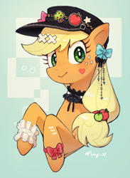 Size: 2200x3000 | Tagged: safe, artist:fuyugi, derpibooru import, applejack, earth pony, pony, bow, cap, choker, garter, hair bow, hat, heart, looking at you, pin, smiling, solo