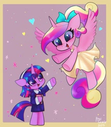 Size: 1316x1511 | Tagged: safe, artist:petaltwinkle, derpibooru import, princess cadance, twilight sparkle, unicorn twilight, alicorn, semi-anthro, unicorn, book, clothes, cute, cutedance, dress, duo, female, filly, filly twilight sparkle, floating heart, foal, heart, heart eyes, looking at each other, looking at someone, signature, smiling, smiling at each other, spread wings, stars, teen princess cadance, twiabetes, wingding eyes, wings, younger