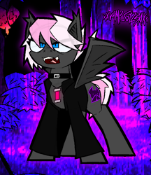 Size: 1226x1420 | Tagged: safe, artist:xxv4mp_g4z3rxx, derpibooru import, oc, oc:good vibes, bat pony, pony, bat ponified, bat pony oc, fangs, food, forest, glowstick, mango, night, nonbinary, open mouth, race swap, solo, tail, two toned mane, two toned tail