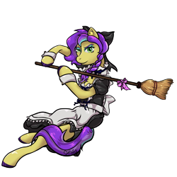 Size: 3500x3500 | Tagged: safe, artist:ghouleh, derpibooru import, oc, oc only, earth pony, apron, braid, braided ponytail, broom, clothes, crossdressing, ear fluff, ears, maid, male, ponytail, ribbon, simple background, solo, sparkly eyes, stallion, transparent background, wingding eyes