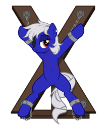 Size: 3970x4675 | Tagged: safe, artist:equestria secret guard, derpibooru import, oc, oc only, oc:miss yin, oc:银小姐, earth pony, pony, armpits, bdsm, bedroom eyes, belly button, bondage, bondage cross, bondage cuffs, bondage furniture, bondage gear, bound, chains, cuffs, earth pony oc, eye scar, eyepatch, facial scar, featureless crotch, female, happy, happy bondage, helpless, looking at you, lying down, mare, restrained, scar, sexy, show accurate, simple background, solo, spread eagle, spread legs, spreading, tied up, transparent background