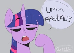 Size: 2048x1457 | Tagged: safe, artist:darkdoubloon, derpibooru import, twilight sparkle, twilight sparkle (alicorn), alicorn, actually, eyebrows, eyebrows visible through hair, eyes closed, female, mare, open mouth, simple background, speech bubble