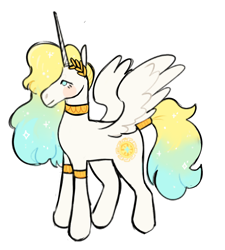 Size: 1280x1420 | Tagged: safe, artist:peachybats, derpibooru import, princess celestia, alicorn, pony, blush sticker, blushing, female, horn, laurel wreath, mare, redesign, simple background, solo, spread wings, tail, tail band, white background, wings