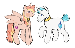 Size: 1280x816 | Tagged: safe, artist:peachybats, derpibooru import, princess cadance, shining armor, alicorn, pony, unicorn, blush sticker, blushing, choker, duo, duo male and female, female, horn, looking at each other, looking at someone, male, mare, redesign, requested art, shiningcadance, shipping, short tail, simple background, smiling, spread wings, straight, tail, white background, wings