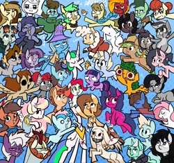 Size: 2048x1922 | Tagged: safe, artist:another_pony, derpibooru import, autumn blaze, lyra heartstrings, princess celestia, trixie, twilight sparkle, oc, oc only, oc:bandy cyoot, oc:bizarre song, oc:kayle rustone, oc:mimic, oc:modpone, oc:moonatik, oc:nootaz, oc:prince whateverer, oc:sugar morning, dragon, earth pony, hybrid, kirin, pegasus, pony, raccoon, raccoon pony, unicorn, clothes, female, group, hoodie, male, mare, stallion