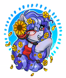 Size: 2523x2978 | Tagged: safe, artist:opalacorn, derpibooru import, oc, oc:cinnabyte, earth pony, pony, bust, commission, female, flower, flower in hair, glasses, headphones, headset, looking at you, mare, microphone, one eye closed, open mouth, open smile, simple background, smiling, smiling at you, solo, sunflower, white background, wink, winking at you