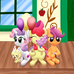 Size: 2000x2000 | Tagged: safe, artist:stellardust, derpibooru exclusive, derpibooru import, apple bloom, scootaloo, sweetie belle, earth pony, pegasus, pony, unicorn, growing up is hard to do, apple bloom's bow, balloon, bow, cotton candy, cutie mark crusaders, eating, female, filly, foal, hair bow, high res, jackalope, plushie, sitting, train station, trio, watch, wooden floor, wristwatch