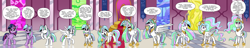 Size: 6456x1232 | Tagged: safe, artist:candyclumsy, derpibooru import, princess celestia, twilight sparkle, twilight sparkle (alicorn), alicorn, pony, cake, cakelestia, caught, character to character, commission, crown, cutie mark swap, dialogue, ethereal mane, eye color change, eyes closed, female, food, glowing, glowing horn, grin, growth, hair growth, high res, hoof shoes, horn, implied princess celestia, implied princess luna, jewelry, looking back, magic, mare, nervous, nervous grin, open mouth, open smile, palette swap, peytral, pinpoint eyes, recolor, regalia, smiling, solo, speech bubble, spread wings, stumbling, suspiciously specific denial, telekinesis, throne room, transformation, transformation sequence, twinning, wings