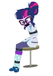 Size: 1500x2131 | Tagged: safe, artist:splendidbondage, derpibooru import, sci-twi, twilight sparkle, human, equestria girls, arm behind back, belts, bondage, bound and gagged, gag, simple background, sitting, solo, stool, tape, tape gag, tied up, transparent background