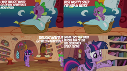 Size: 2000x1125 | Tagged: safe, derpibooru import, edit, edited screencap, editor:quoterific, screencap, spike, twilight sparkle, unicorn twilight, unicorn, it's about time, bed, golden oaks library, spike's bed