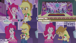 Size: 2000x1125 | Tagged: safe, derpibooru import, edit, edited screencap, editor:quoterific, screencap, applejack, pinkie pie, better together, constructive criticism, constructive criticism: pinkie pie, equestria girls, stage