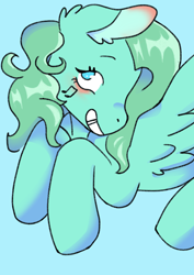 Size: 2480x3508 | Tagged: safe, artist:socklout, derpibooru import, medley, pegasus, pony, g1, g4, blue background, cute, cyan background, female, g1 to g4, generation leap, mare, medleybetes, simple background, smiling, solo