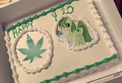 Size: 988x666 | Tagged: safe, derpibooru import, editor:torpy, oc, oc:stoney poney, pony, 420, 420 blaze it, cake, dq, drugs, edited photo, english, food, frosting, holiday, irl, marijuana, photo, photoshop, red eyes, smoking, text