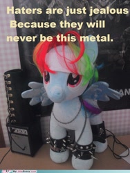 Size: 500x666 | Tagged: safe, derpibooru import, rainbow dash, pegasus, pony, metal, photo, plushie, solo, text