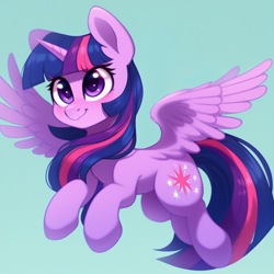 Size: 1024x1024 | Tagged: safe, derpibooru import, editor:windygleam, generator:purplesmart.ai, generator:stable diffusion, machine learning generated, twilight sparkle, twilight sparkle (alicorn), alicorn, pony, female, flying, mare, simple background, smiling, solo, spread wings, wings