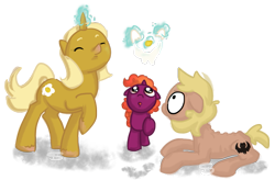 Size: 923x607 | Tagged: safe, artist:spatialheather, derpibooru import, oc, oc only, oc:forty winks, oc:sunnyside up, oc:sunset spark, earth pony, pony, unicorn, egg (food), food, lying down, prone, simple background, transparent background, trio