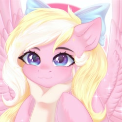 Size: 2100x2100 | Tagged: safe, artist:kawi_pie, derpibooru import, oc, oc only, oc:bay breeze, pegasus, blushing, bow, cute, female, hair bow, hand, mare, ocbetes, pegasus oc, simple background, spread wings, wings