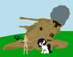 Size: 1120x887 | Tagged: safe, derpibooru import, oc, oc:bright skie, pegasus, pony, robot, angry, armband, armored assault tank mark 1, b1 battle droid, black hair, black mane, blatant lies, crossover, digital art, disappointed, droid, duo, female, folded wings, grass, heavy laser cannon, mare, pegasus oc, repeating blaster cannons, scowl, sky, smoke, standing, star wars, talking, tank (vehicle), text, white fur, wings