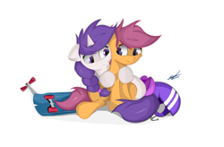 Size: 2872x1880 | Tagged: safe, artist:groomlake, derpibooru import, scootaloo, oc, oc:snowie aura, pegasus, pony, unicorn, bow, comforting, crying, female, filly, foal, helmet, hug, injured, simple background, tail, tail bow, white background