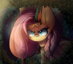 Size: 2300x2000 | Tagged: safe, artist:miryelis, derpibooru import, fluttershy, pegasus, pony, big ears, ears, feather, forest, hairpin, headband, leaves, long hair, makeup, pigtails, solo, standing, stare