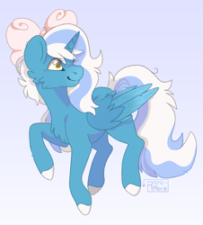 Size: 1789x1978 | Tagged: safe, artist:arctic-more, derpibooru import, oc, oc only, oc:fleurbelle, alicorn, pony, alicorn oc, bow, chest fluff, cute, female, flying, gift art, golden eyes, gradient background, hair bow, horn, mare, smiling, solo, wings