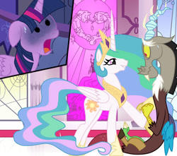 Size: 950x841 | Tagged: safe, artist:utts, derpibooru import, discord, princess celestia, twilight sparkle, twilight sparkle (alicorn), alicorn, canterlot castle, crown, dislestia, dominant female, female, horn, jewelry, looking at each other, looking at someone, male, nervous, open mouth, regalia, shipping, shocked, shocked expression, show accurate, stained glass, stained glass window, straight, sweat, sweatdrop, unexpected