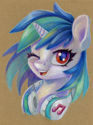 Size: 896x1200 | Tagged: safe, artist:maytee, derpibooru import, dj pon-3, vinyl scratch, pony, unicorn, bust, colored pencil drawing, headphones, missing accessory, one eye closed, portrait, smiling, solo, traditional art, wink