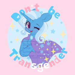 Size: 1500x1500 | Tagged: safe, artist:dreamyveon_, edit, trixie, pony, unicorn, female, lgbt, looking at you, mare, mouthpiece, obtrusive watermark, one eye closed, open mouth, open smile, smiling, smiling at you, solo, sparkles, watermark, wink, winking at you