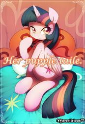 Size: 1002x1450 | Tagged: safe, alternate version, artist:maren, derpibooru import, twilight sparkle, twilight sparkle (alicorn), alicorn, pony, cover, doujin, engrish, female, frown, looking at you, looking back, looking back at you, lying down, mare, on side, pointing at self, sitting, solo