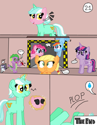 Size: 2550x3272 | Tagged: safe, artist:alyssafire, artist:nightshadowmlp, derpibooru import, applejack, lyra heartstrings, pinkie pie, rainbow dash, rarity, spike, twilight sparkle, twilight sparkle (alicorn), alicorn, earth pony, pegasus, unicorn, comic:five am at pinkie's: the prequel, ..., ^w^, comic, desk, faint, female, gemstones, magic, mare, shocked, smiling, sweat, sweatdrop, text