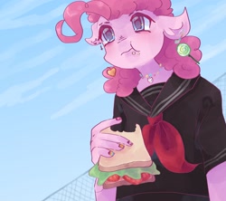 Size: 2048x1820 | Tagged: safe, artist:dmitrymemovznok, derpibooru import, pinkie pie, anthro, earth pony, clothes, eating, female, food, sandwich, schoolgirl, solo