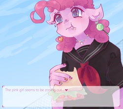 Size: 2048x1820 | Tagged: safe, artist:dmitrymemovznok, derpibooru import, pinkie pie, anthro, earth pony, clothes, eating, female, food, sandwich, schoolgirl, solo