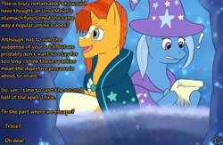 Size: 1810x1182 | Tagged: safe, artist:tastytales, derpibooru import, sunburst, trixie, pony, unicorn, cape, cloak, clothes, didn't think this through, duo, exclamation point, female, hat, imminent digestion, internal, male, mare, stallion, sunburst's cloak, this will end in death, trixie prey, trixie's cape, trixie's hat, vore