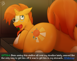 Size: 1905x1500 | Tagged: safe, artist:tastytales, derpibooru import, pony, unicorn, apple, apple gag, butt, cooked alive, cooking, food, gag, glasses, implied cannibalism, implied vore, male, offscreen character, plot, solo, stallion, sweat, worried