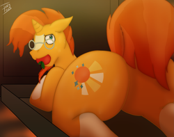 Size: 1905x1500 | Tagged: safe, artist:tastytales, derpibooru import, sunburst, pony, unicorn, apple, apple gag, butt, cooked alive, cooking, food, gag, imminent death, male, plot, solo, stallion, sweat, worried