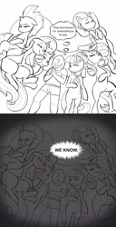 Size: 2000x3902 | Tagged: safe, artist:greenybeanz, derpibooru import, lightning dust, starlight glimmer, sunset shimmer, suri polomare, tempest shadow, trixie, oc, oc:anon, earth pony, human, pegasus, pony, unicorn, anon gets all the mares, bed, female, gone horribly right, hug, limited palette, lucky bastard, male, red eyes, sleeping, straight, this will end in snu snu