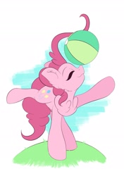 Size: 1595x2267 | Tagged: safe, artist:eventseem, derpibooru import, pinkie pie, earth pony, pony, balancing, ball, ears, female, floppy ears, grass, mare, ponies balancing stuff on their nose, smiling, solo